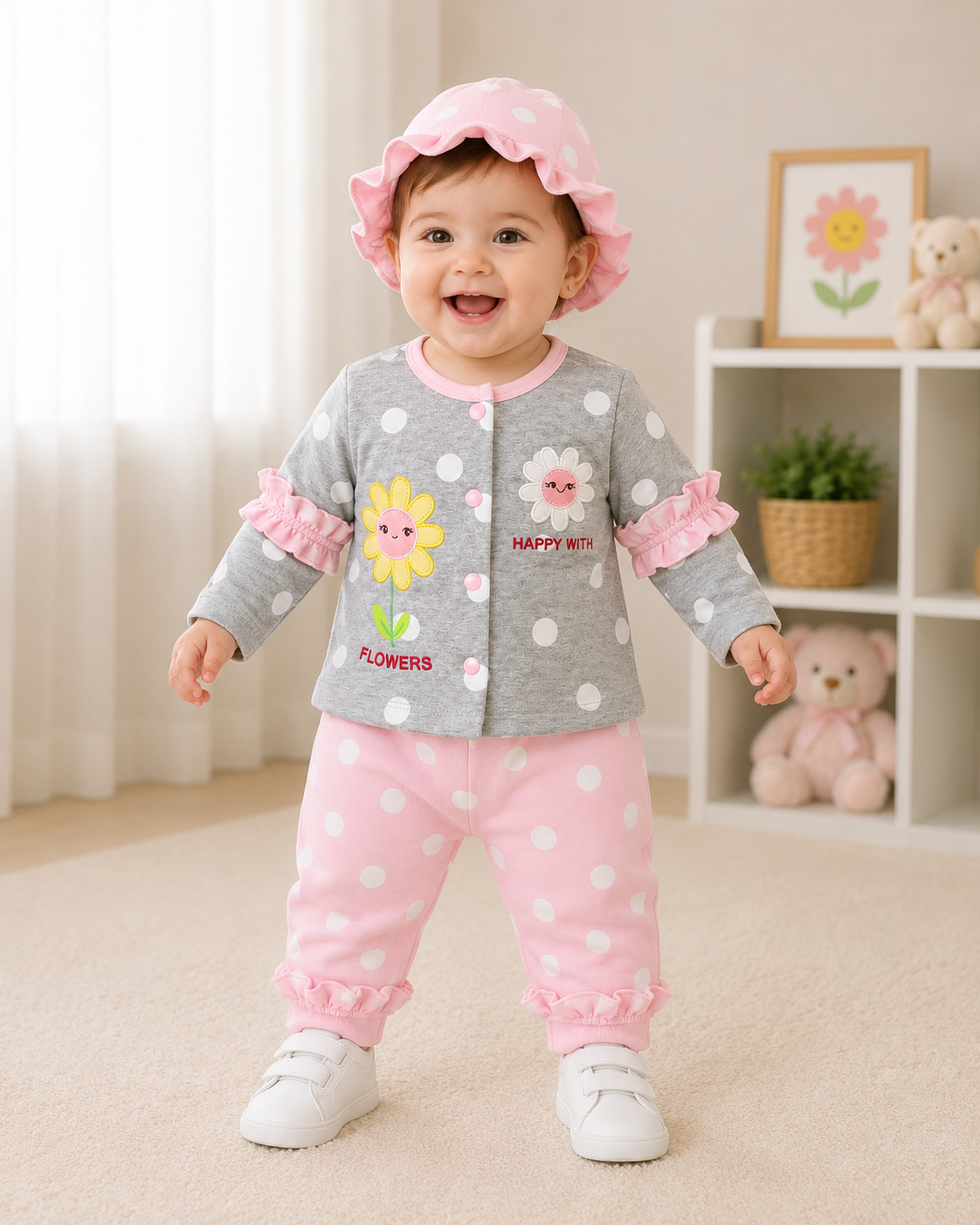 Just Born 3 Piece Baby Girl Starter Set – Soft Cotton Newborn Dress Set with Cap | LittleRoots Pakistan