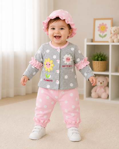 Just Born 3 Piece Baby Girl Starter Set – Soft Cotton Newborn Dress Set with Cap | LittleRoots Pakistan