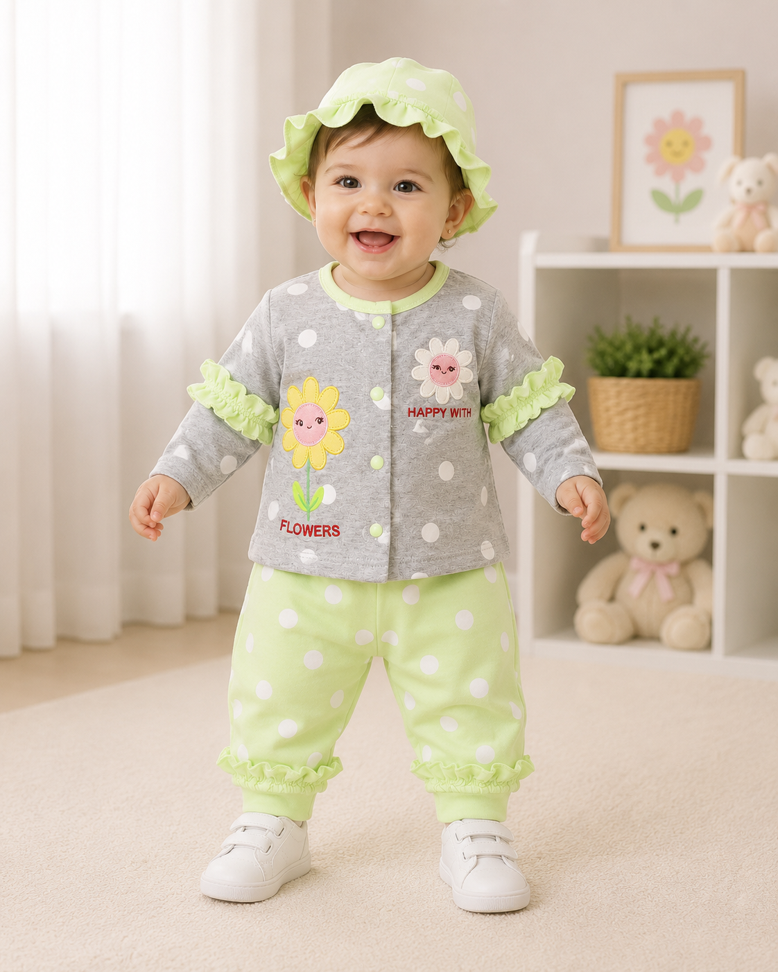 Just Born 3 Piece Baby Girl Starter Set – Soft Cotton Newborn Dress Set with Cap | LittleRoots Pakistan