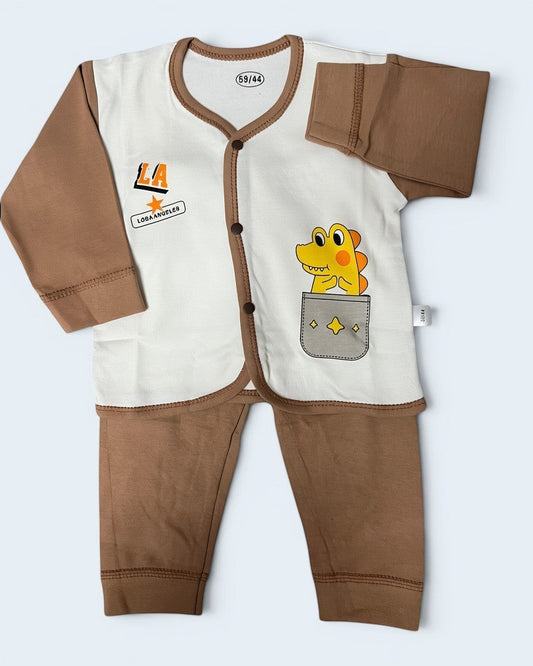 Little Roots Baby Boy Dinosaur Pocket Print Co-Ord Set in camel brown and white cotton. Full sleeves, button front, elastic waist pants.
