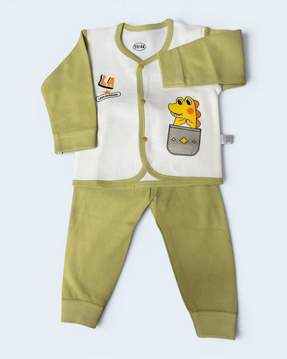 Little Roots Baby Boy Olive Green Cotton Co-Ord Set with Dinosaur Pocket Print