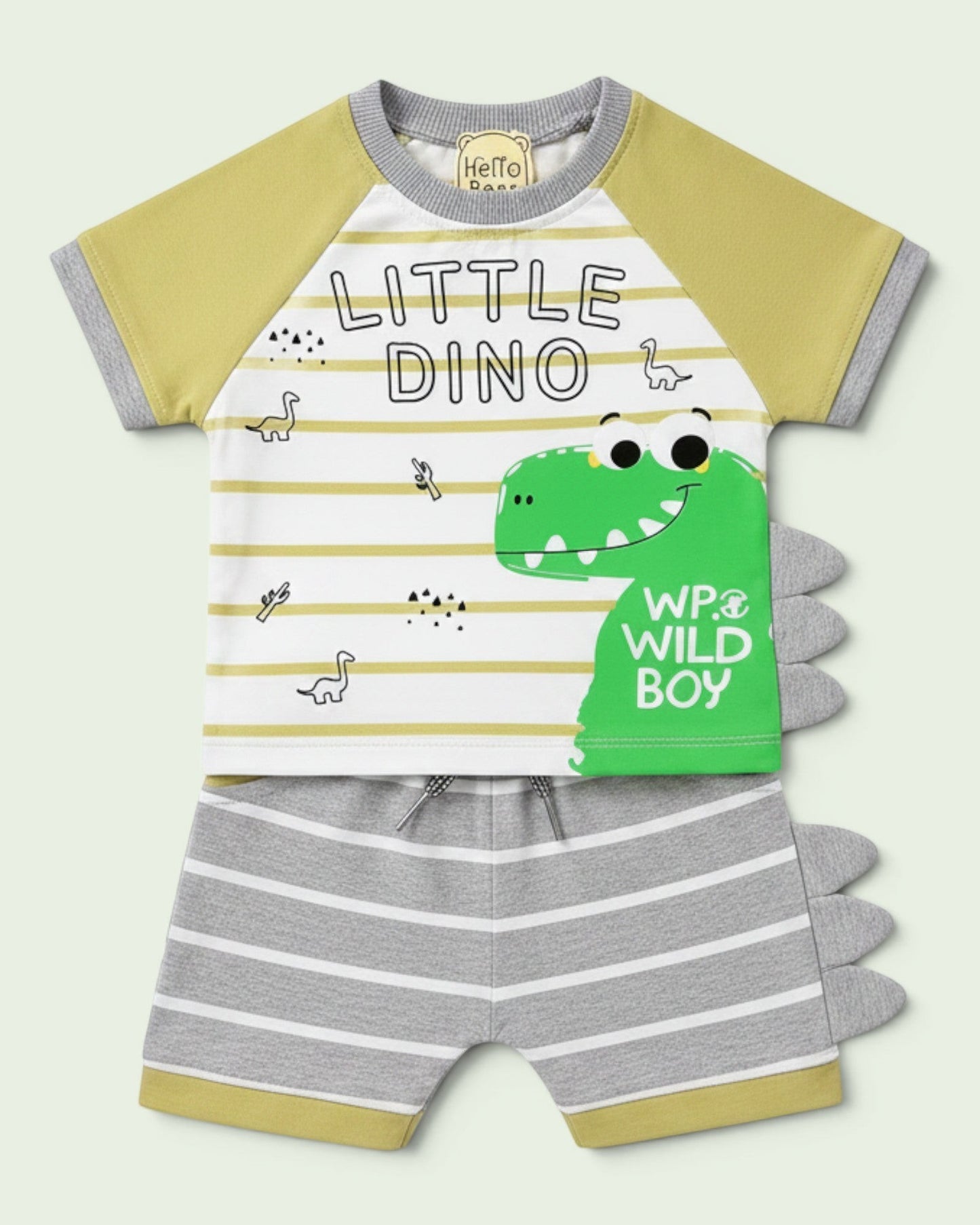 Little Roots baby boy's 2-piece summer set with a white & yellow striped tee featuring a "Little Dino" graphic and 3D spikes, paired with grey striped shorts.
