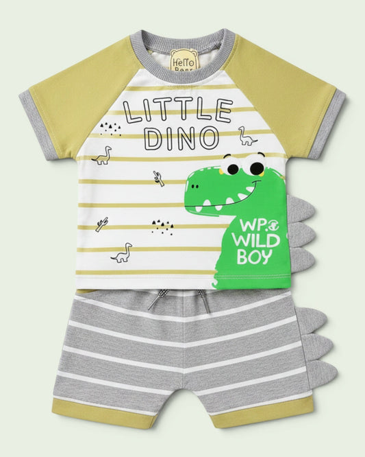 Little Roots baby boy's 2-piece summer set with a white & yellow striped tee featuring a "Little Dino" graphic and 3D spikes, paired with grey striped shorts.