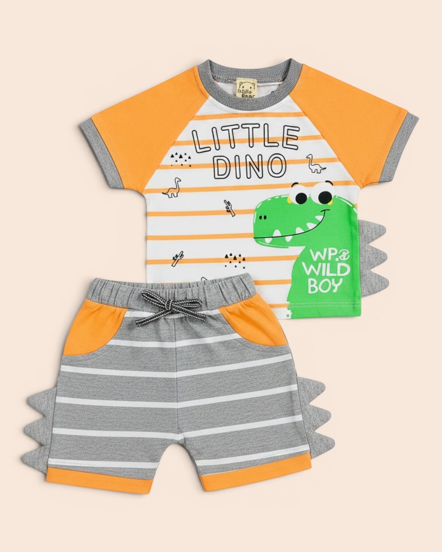 Little Roots orange and white striped baby boy co-ord set with a green dinosaur graphic and 3D spikes on shirt and shorts.