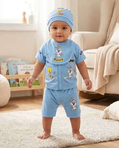 Little Roots blue 4-piece baby boy set with Looney Tunes characters: shirt, shorts, cap, and bib. Features Tweety Bird and Bunny prints.