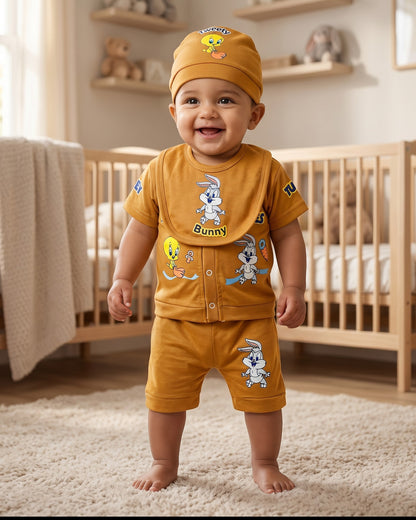 Little Roots brown 4-piece baby gift set with Looney Tunes characters Tweety and Bunny. Includes shirt, shorts, cap, and bib.