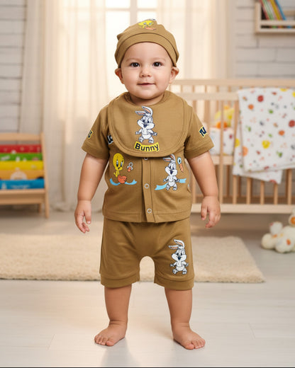 Little Roots newborn baby boy 4-piece gift set in camel brown with Looney Tunes characters Tweety Bird and Bunny. Includes shirt, shorts, cap, and bib.