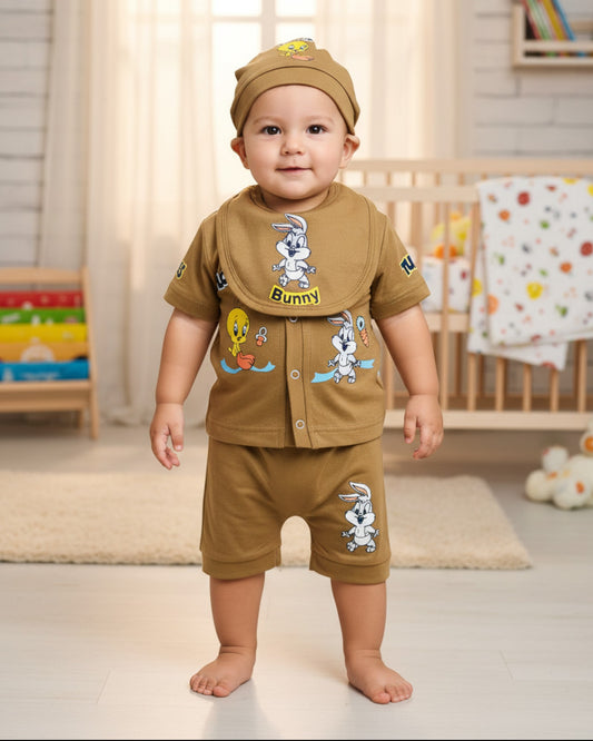 Little Roots newborn baby boy 4-piece gift set in camel brown with Looney Tunes characters Tweety Bird and Bunny. Includes shirt, shorts, cap, and bib.