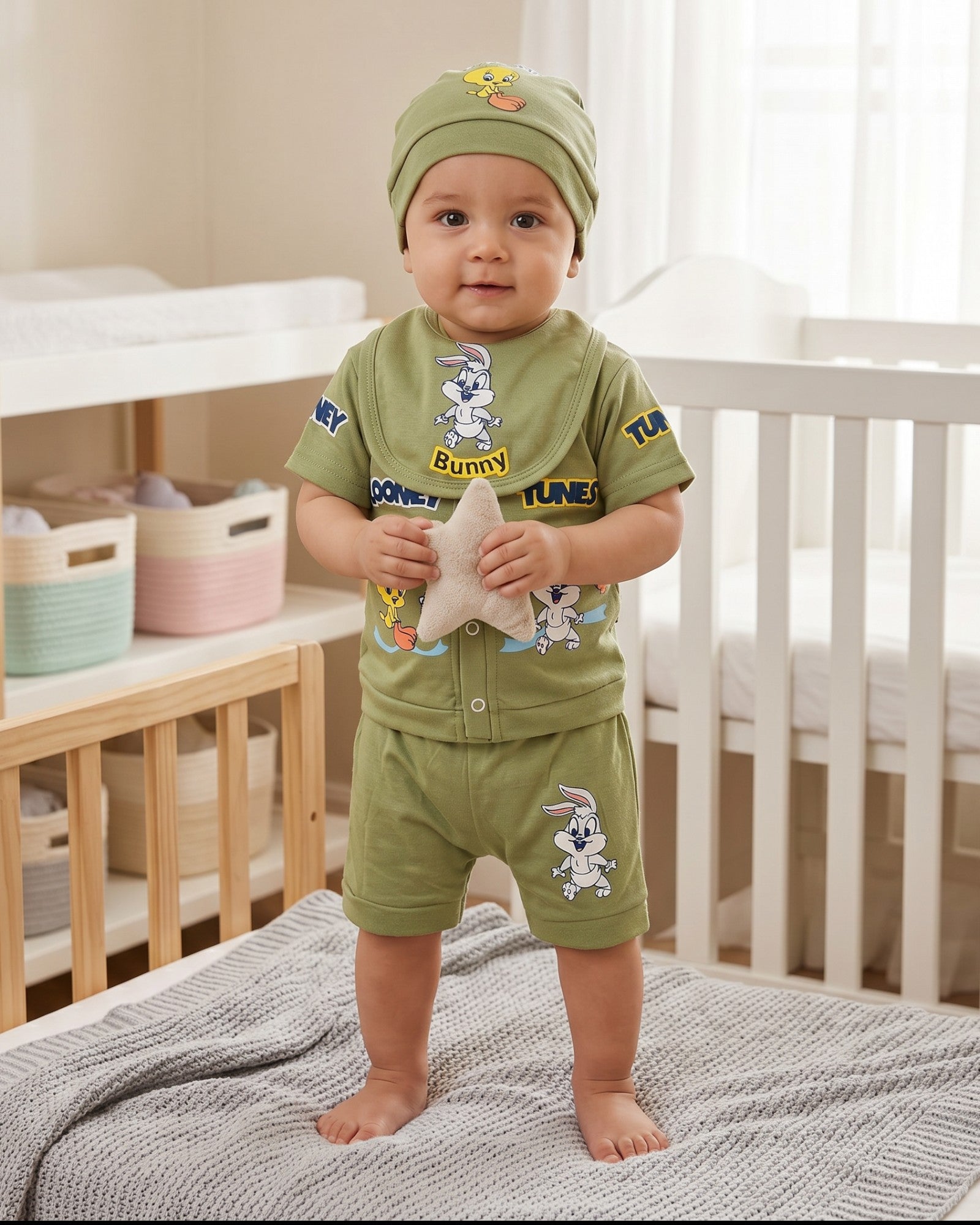 Little Roots olive green 4-piece baby gift set with Looney Tunes characters Tweety Bird and Bunny, includes shirt, shorts, cap, and bib.