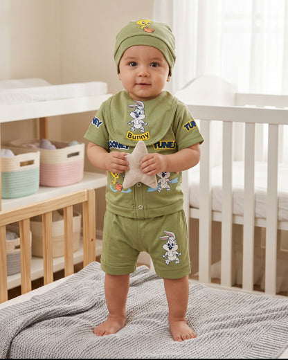 Little Roots olive green 4-piece baby gift set with Looney Tunes characters Tweety Bird and Bunny, includes shirt, shorts, cap, and bib.