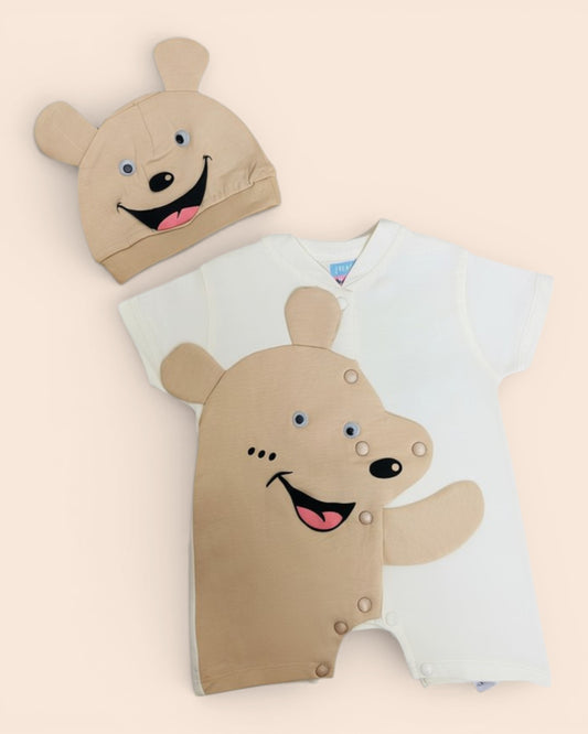 Little Roots baby boy cream and tan romper with bear face applique and matching bear ear cap, soft cotton blend, snap closure.