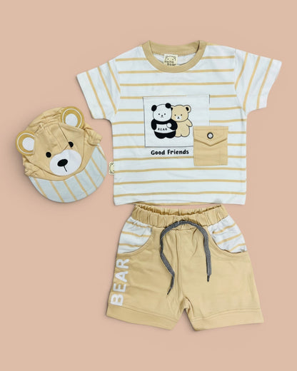 Little Roots baby boy 3-piece outfit: white and beige striped t-shirt with bear graphic, matching beige shorts, and bear face cap.