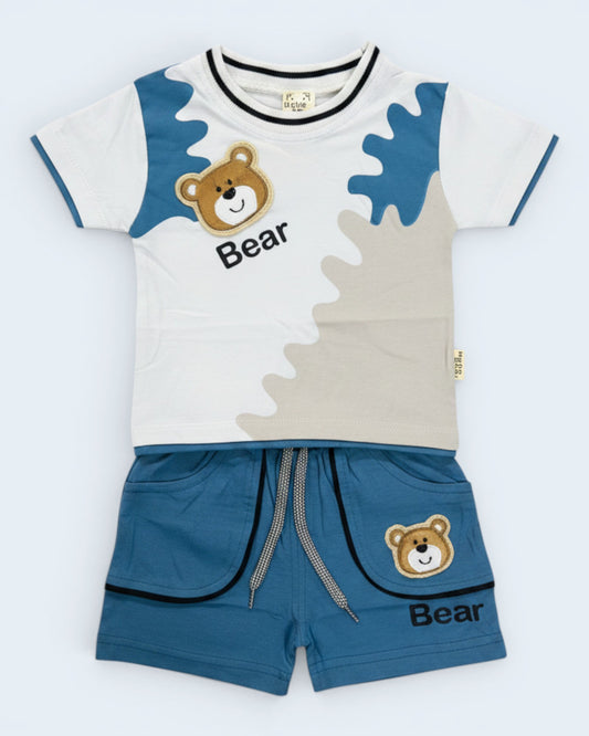 Little Roots Pakistan baby boy blue and white 2-piece outfit set with bear print t-shirt and matching shorts. Short sleeves, elastic waistband.