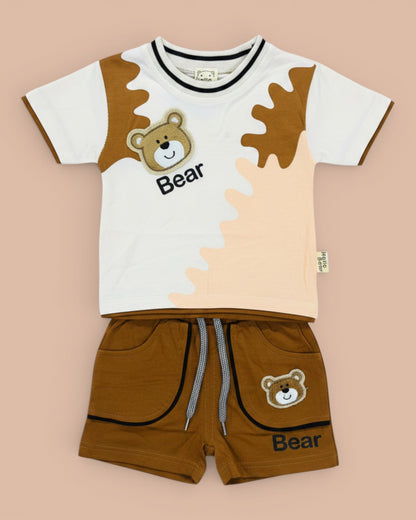 Little Roots Pakistan baby boy 2-piece outfit set with white t-shirt featuring bear print and brown shorts. Cotton blend.