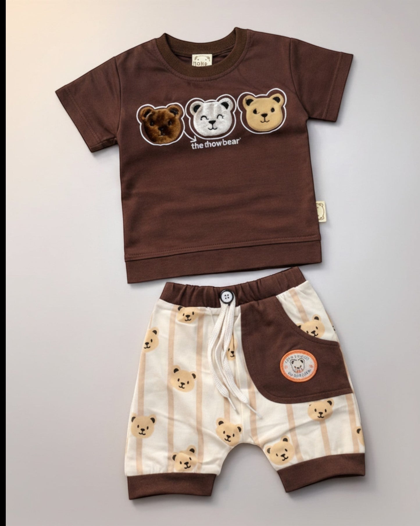 Little Roots baby boy brown cotton t-shirt with three embroidered bear faces and matching bear print shorts. Summer outfit.