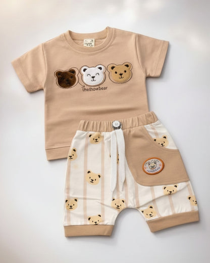 Little Roots baby boy beige cotton t-shirt with three bear embroidery and matching bear print shorts with drawstring.