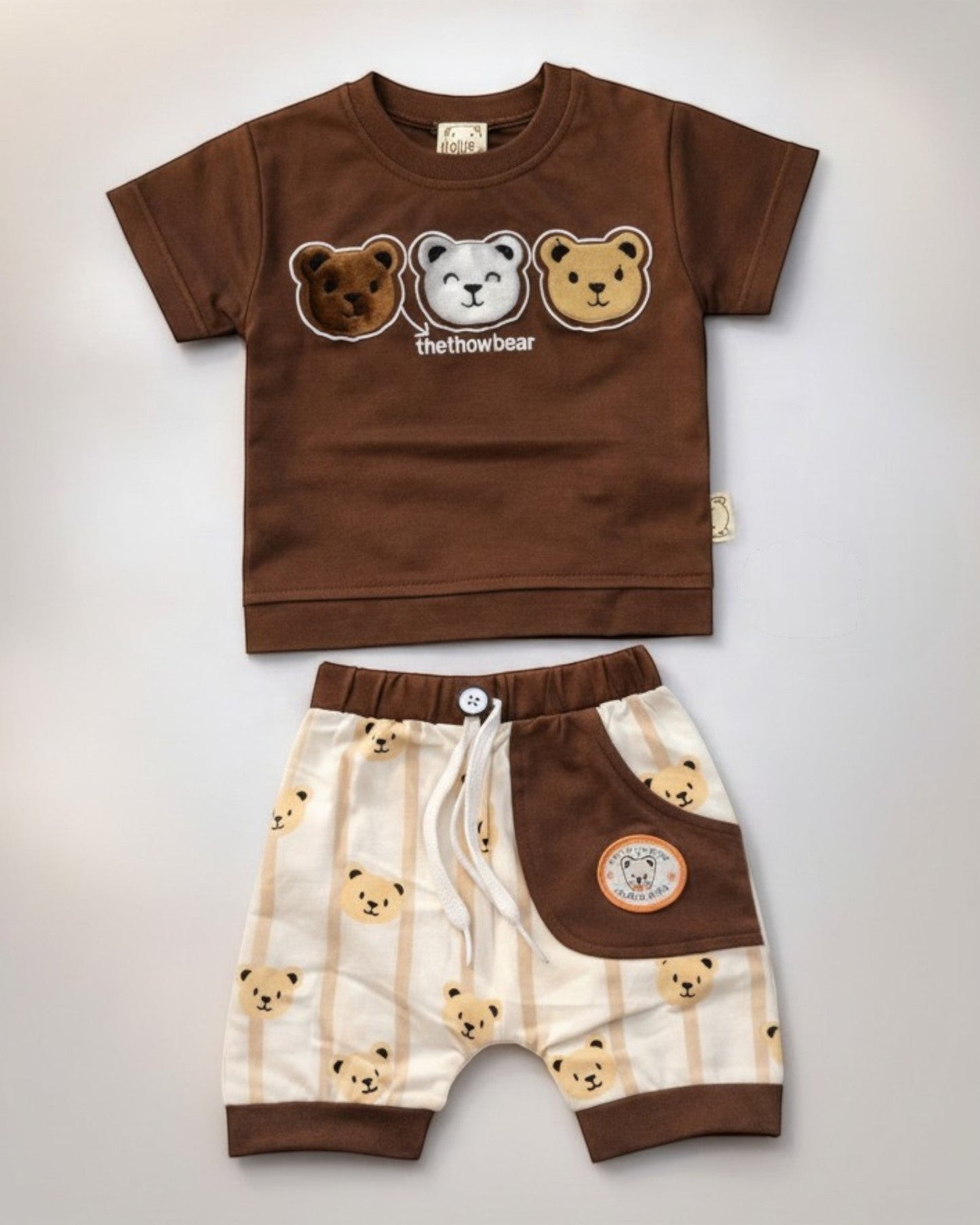 Little Roots baby boy brown cotton t-shirt with three embroidered bear faces and matching bear print shorts. Summer set.