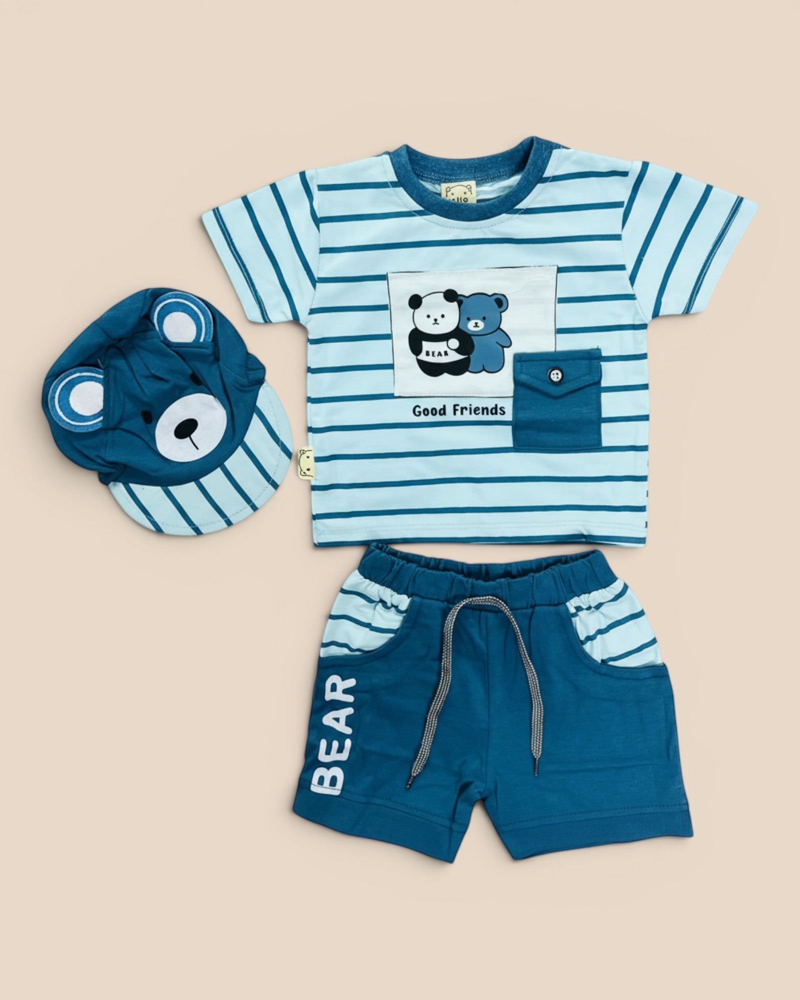 Little Roots baby boy blue striped 3-piece outfit set with bear graphic t-shirt, shorts, and matching cap.