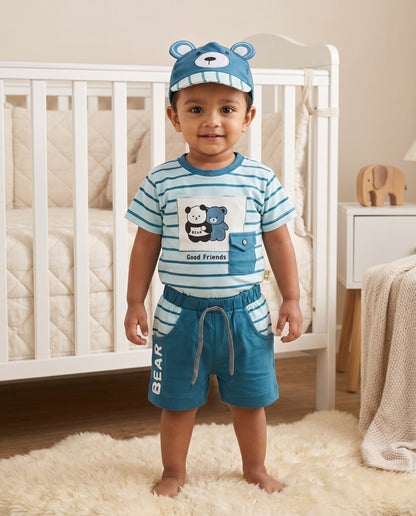 Little Roots baby boy blue striped t-shirt, shorts, and bear face cap set with 'Good Friends' graphic.