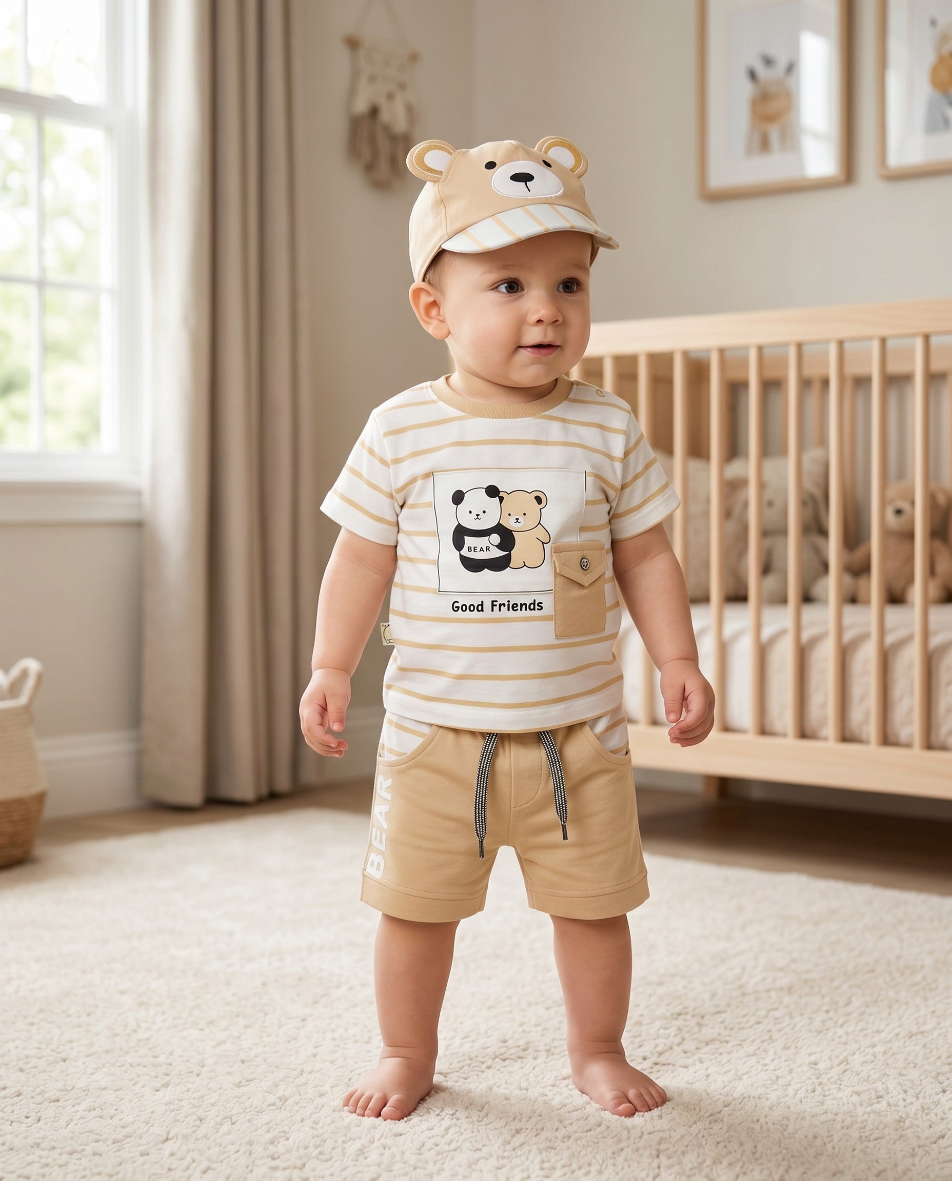 Little Roots baby boy 3-piece outfit: white and beige striped t-shirt with bear graphic, matching beige shorts with "BEAR" print, and a bear face cap.