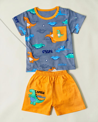 Little Roots Baby Boy Grey Dinosaur Print Top & Yellow Shorts Set. Soft cotton with fun dinosaur graphics and contrast pocket.