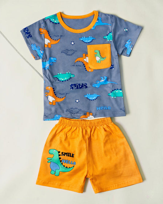 Little Roots Baby Boy Grey Dinosaur Print Top & Yellow Shorts Set. Soft cotton with fun dinosaur graphics and contrast pocket.