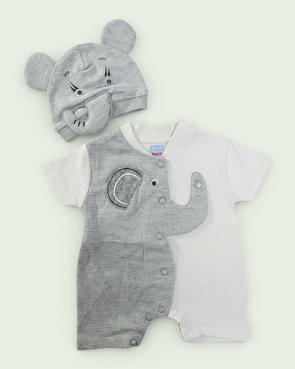 Little Roots baby boy grey and white elephant romper with matching hat, short sleeves, snap buttons, 0-3 months.