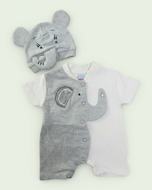 Little Roots baby boy grey and white elephant romper with matching hat, short sleeves, snap buttons, 0-3 months.
