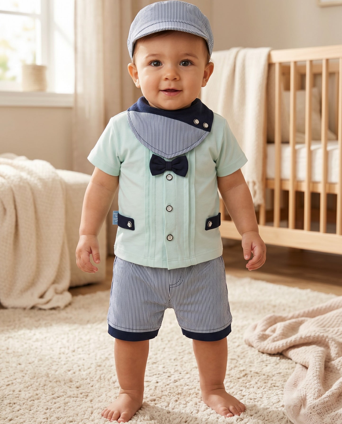Little Roots Pakistan mint green formal baby boy outfit set with bow tie, striped shorts, cap, and bib. Soft fabric.