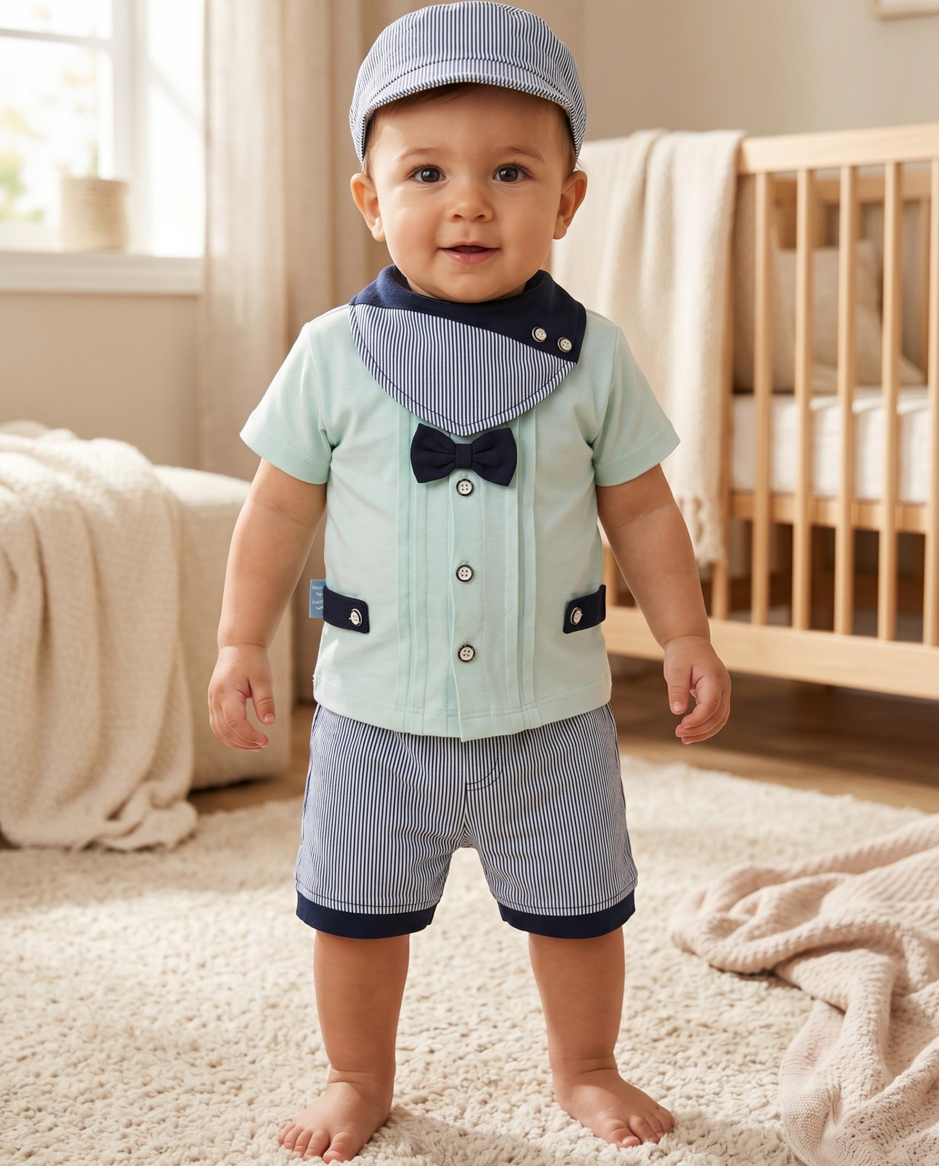 Little Roots Pakistan mint green formal baby boy outfit set with bow tie, striped shorts, cap, and bib. Soft fabric.