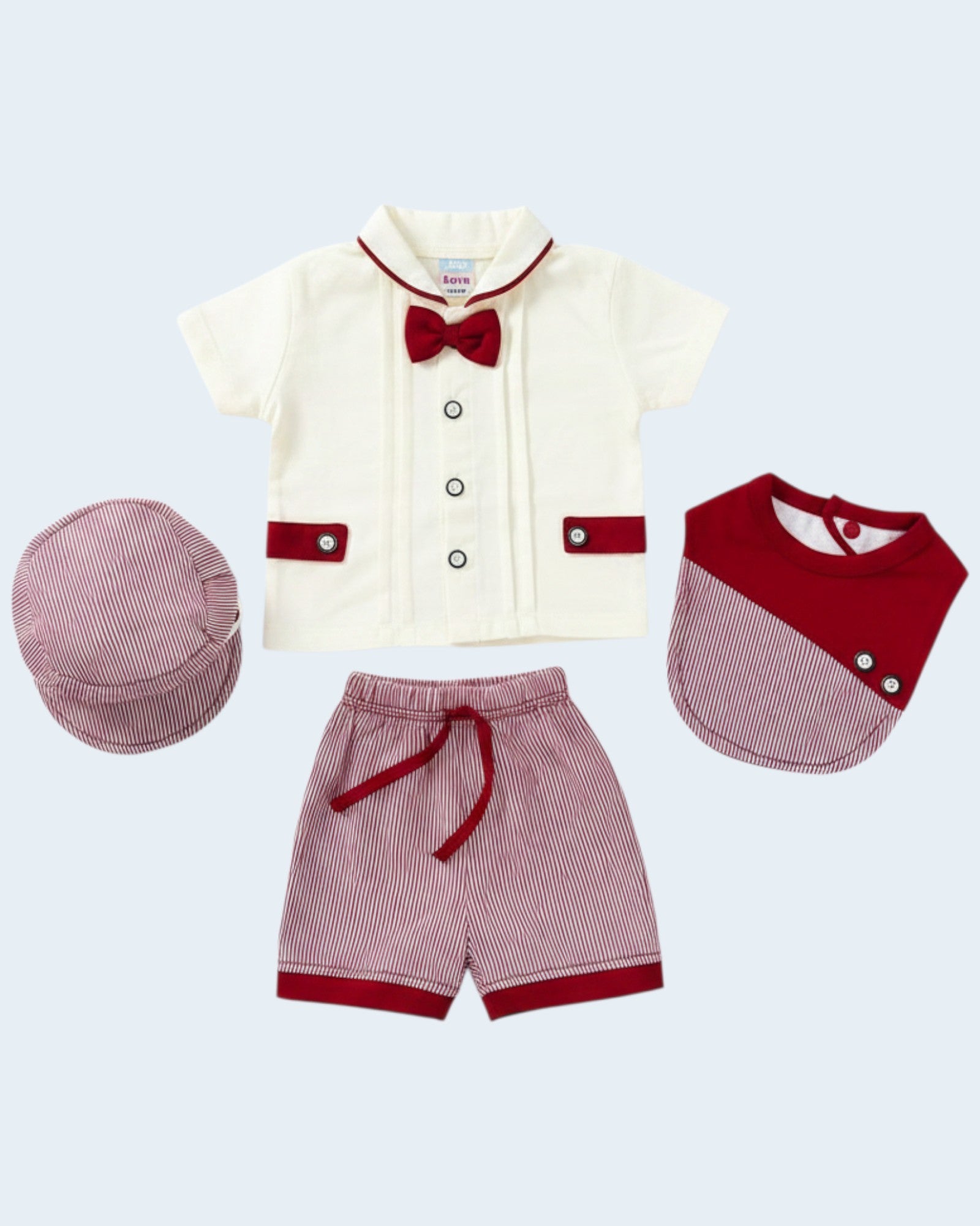 Little Roots Pakistan cream formal shirt with red bow tie, striped shorts, cap, and bib for baby boys.