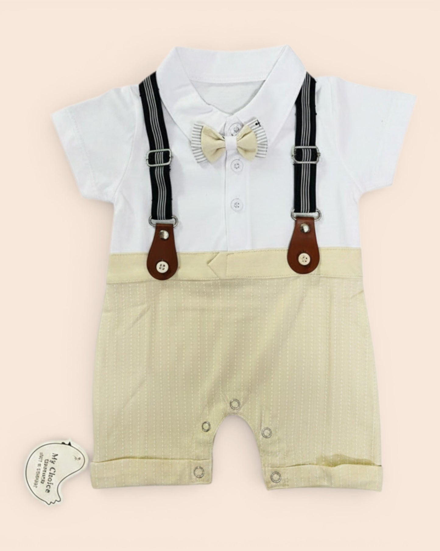 Little Roots baby boy formal romper in white with beige pinstripe shorts, black suspenders, and a beige bow tie. Perfect for special occasions.
