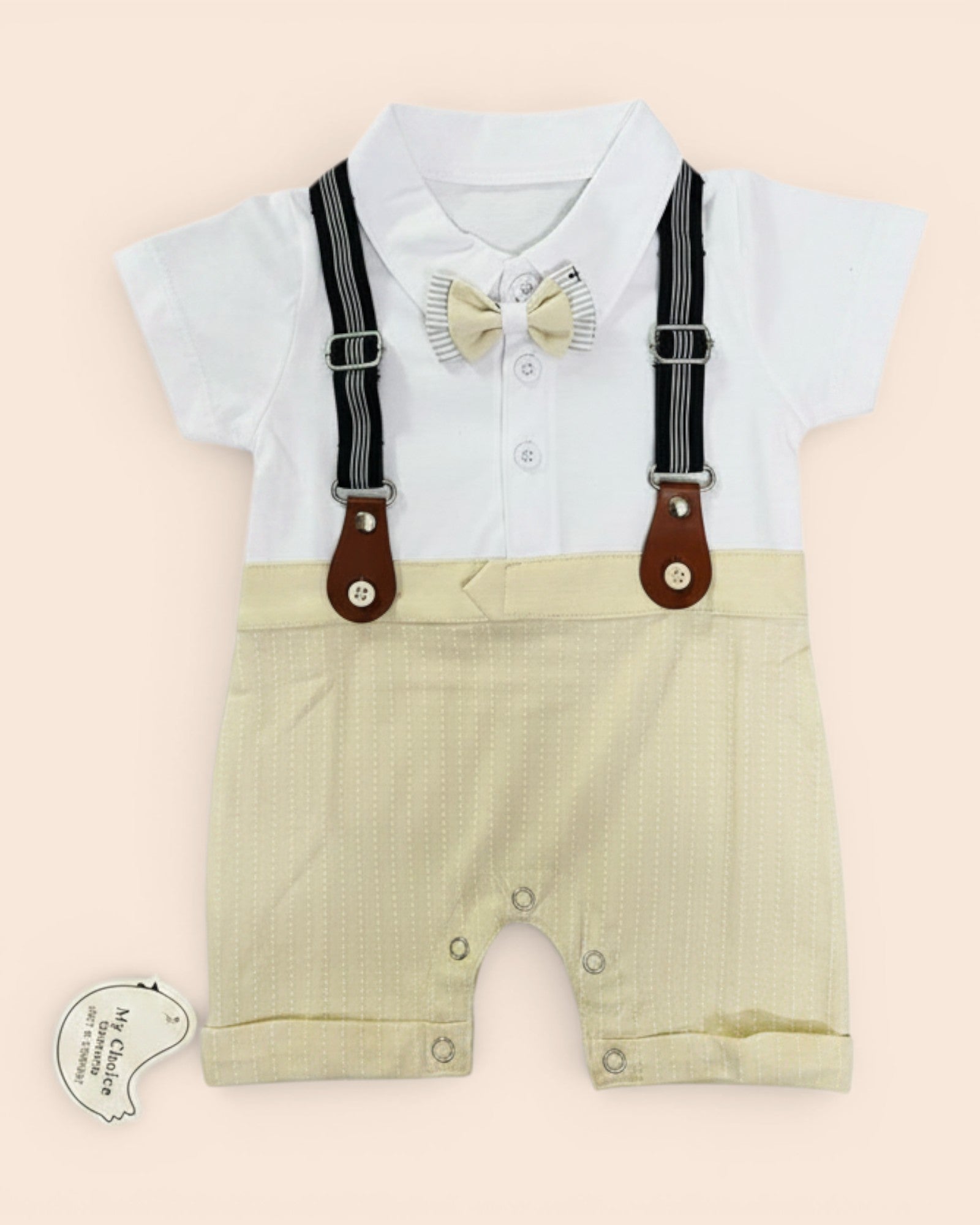 Little Roots baby boy formal romper in white with beige pinstripe shorts, black suspenders, and a beige bow tie. Perfect for special occasions.