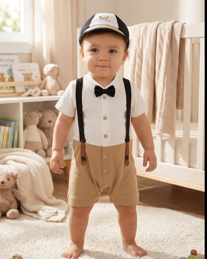 Little Roots baby boy formal romper set in white and khaki, featuring a bow tie, suspenders, and matching cap with a teddy bear design.