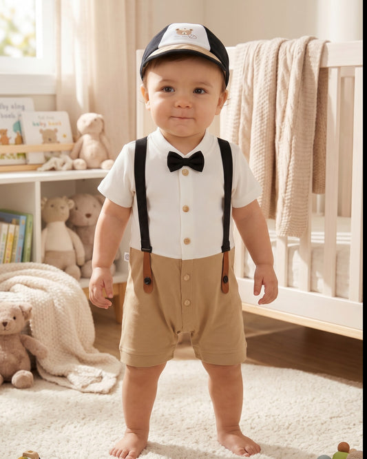 Little Roots baby boy formal romper set in white and khaki, featuring a bow tie, suspenders, and matching cap with a teddy bear design.