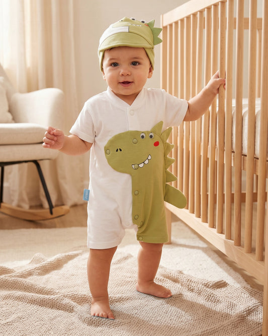 Little Roots baby boy white and green dinosaur romper with matching cap, 0-3 months, soft cotton blend.
