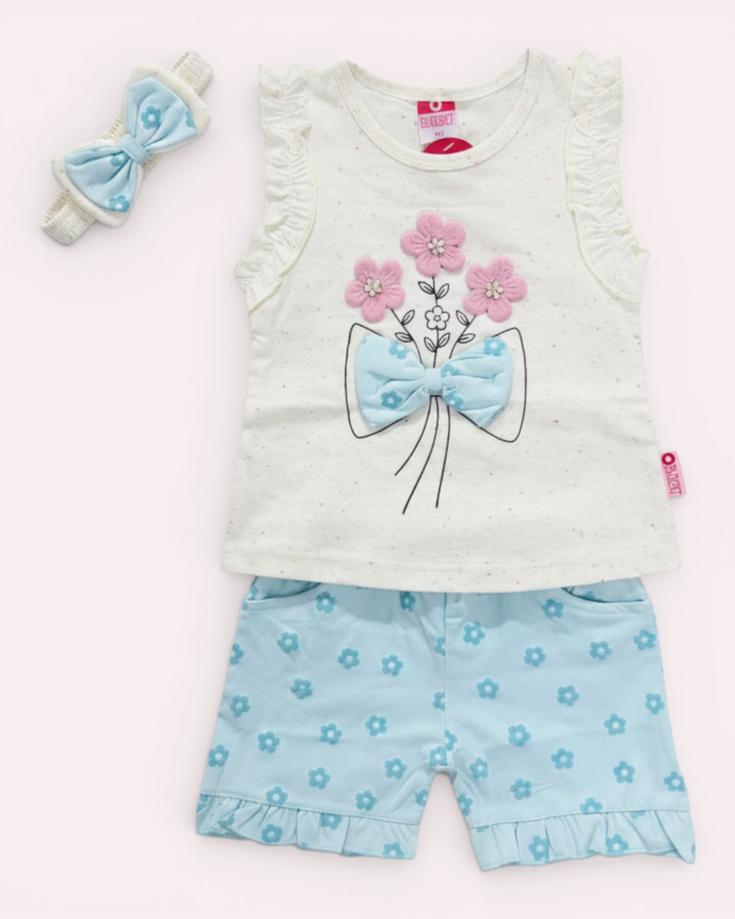 Little Roots baby girls' white sleeveless top with floral embroidery and blue bow, paired with light blue floral shorts and a matching headband.
