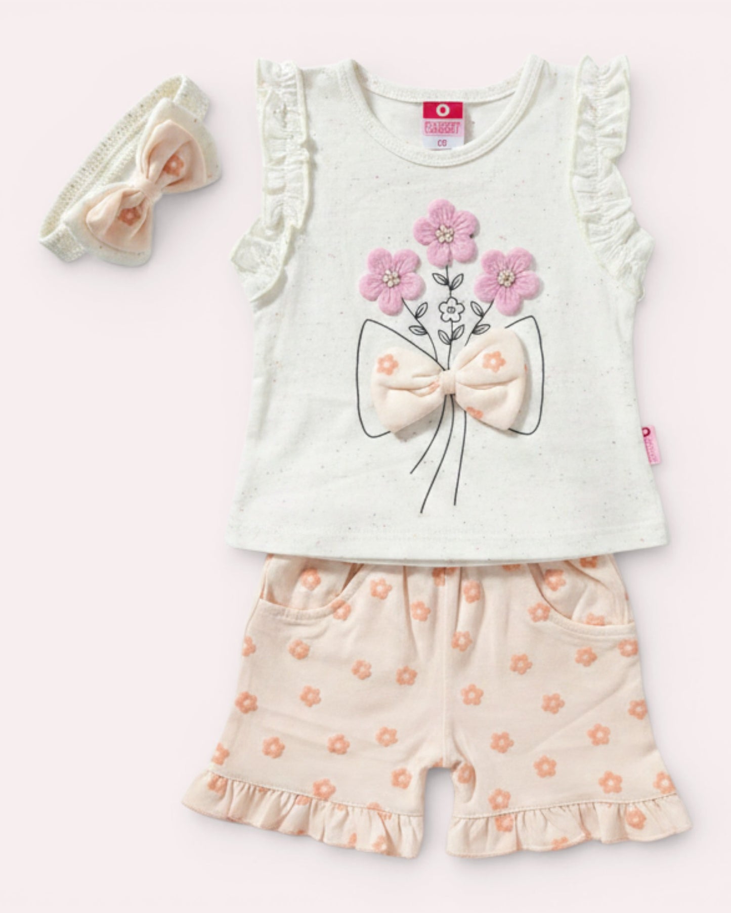 Little Roots baby girls' white floral embroidered top with ruffled sleeves, matching peach floral shorts, and headband. Perfect for summer.