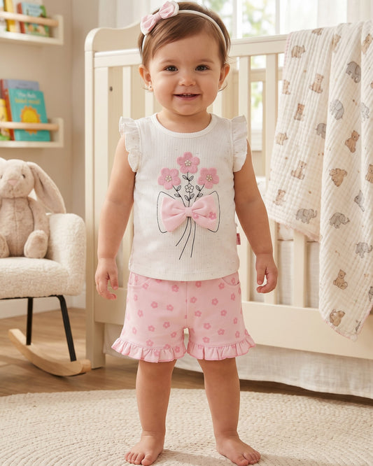 Little Roots baby girls' white floral embroidered top with pink bow and matching pink floral shorts and headband. Ruffled sleeves and hem.