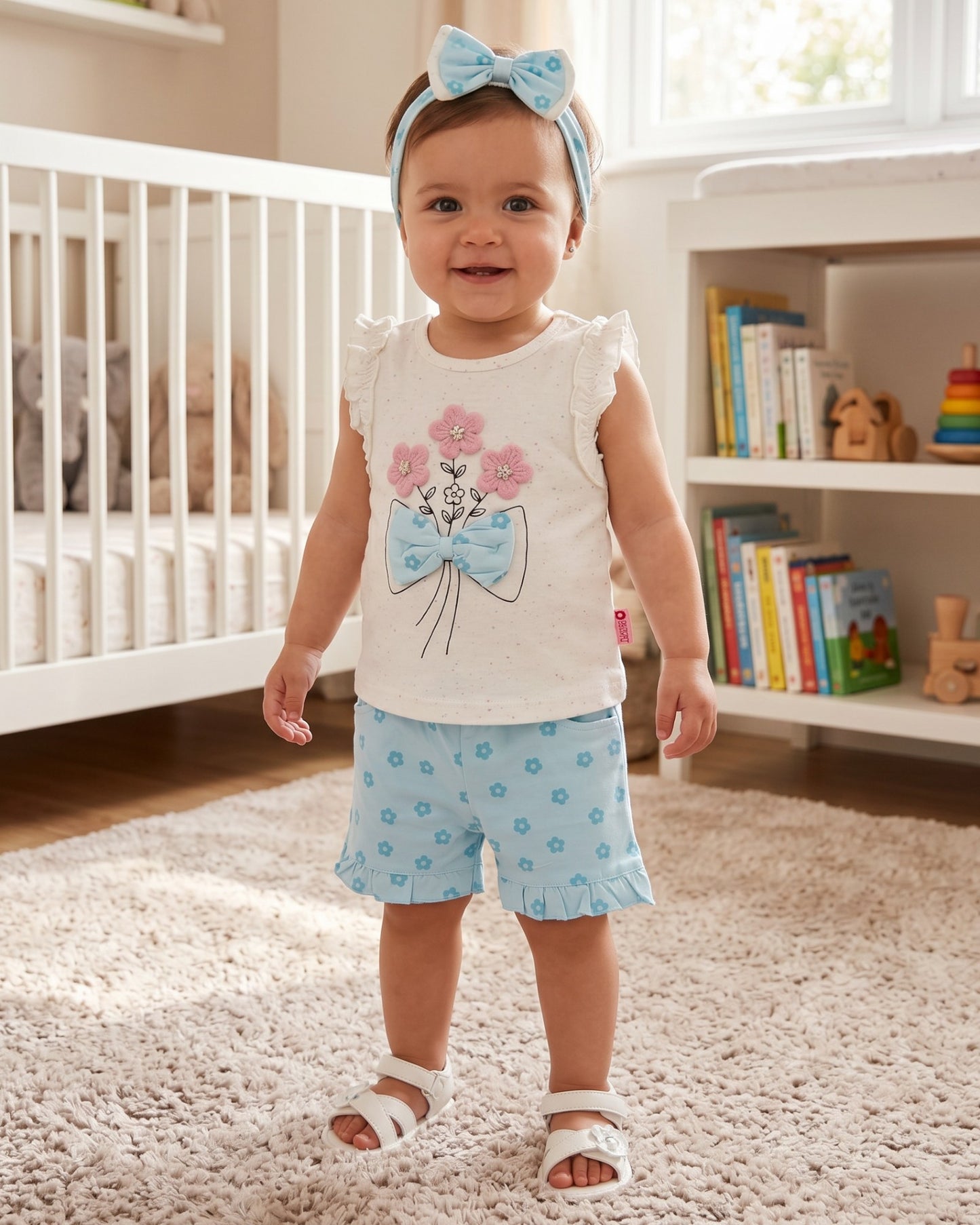 Little Roots baby girls' 3-piece summer outfit set: cream floral embroidered top with ruffled sleeves, blue floral print shorts with ruffled hem, and matching blue floral headband.