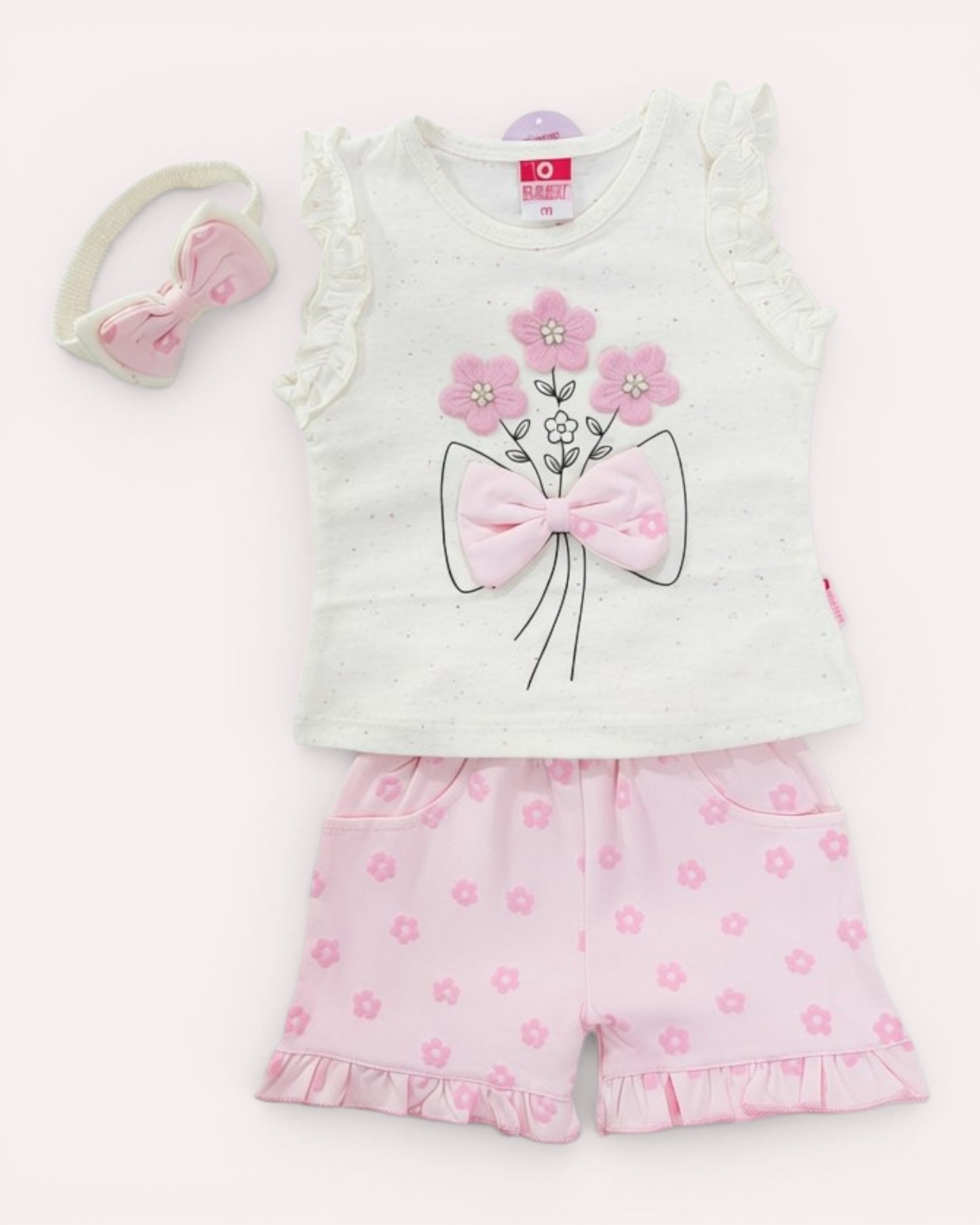 Little Roots baby girls' white floral embroidered sleeveless top with pink bow and matching pink floral shorts and headband.