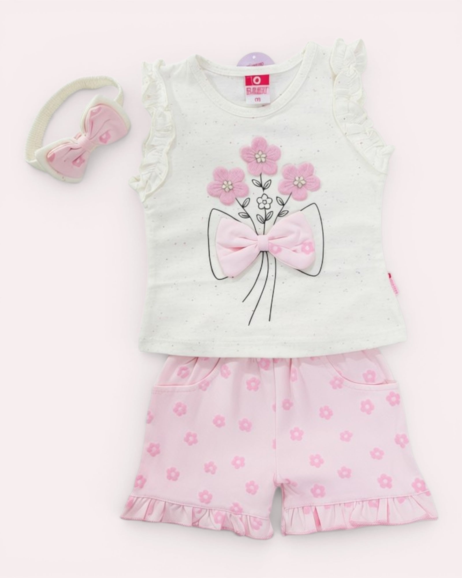 Little Roots baby girls' white floral embroidered sleeveless top with pink bow and matching pink floral shorts and headband.