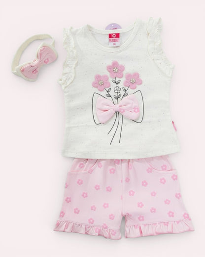 Little Roots baby girls' white floral embroidered sleeveless top with pink bow and matching pink floral shorts and headband.