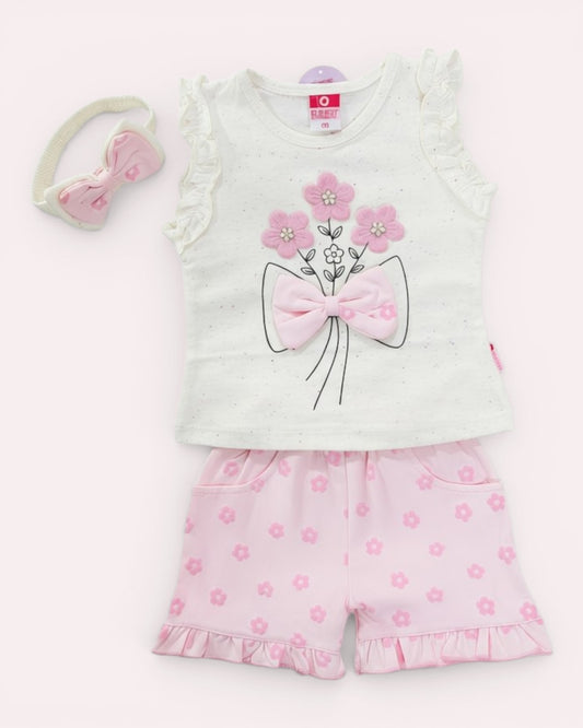 Little Roots baby girls' white floral embroidered sleeveless top with pink bow and matching pink floral shorts and headband.