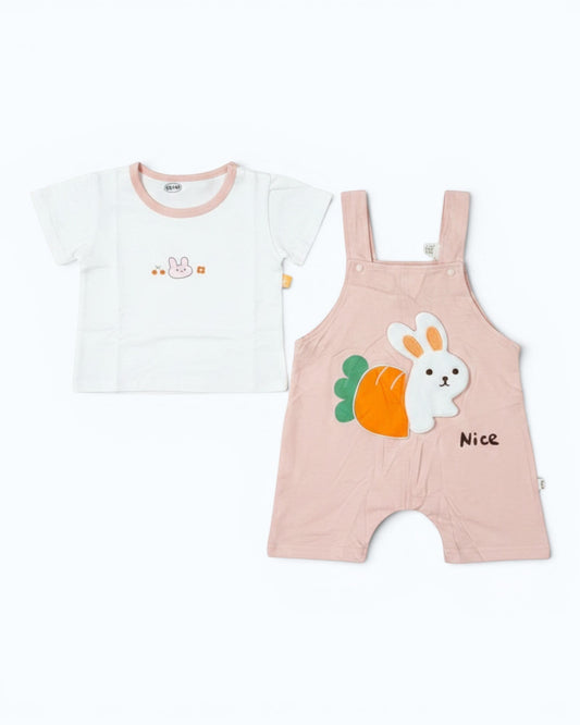 Little Roots baby girl blush pink bunny romper with carrot print and white t-shirt. Soft summer outfit.