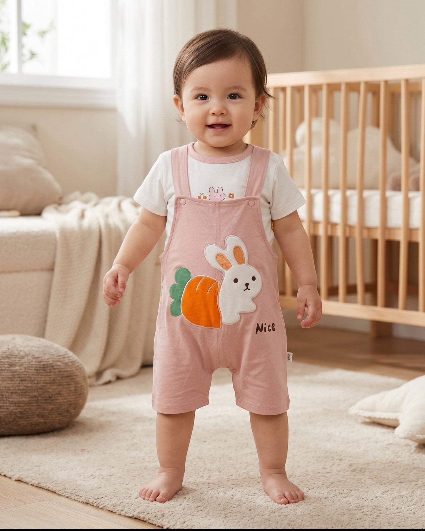 Little Roots baby girl blush pink bunny romper with carrot print and white t-shirt, summer outfit.