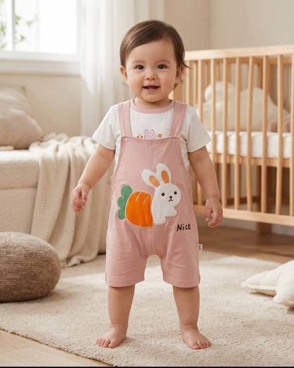 Little Roots baby girl blush pink bunny romper with carrot print and white t-shirt, summer outfit.