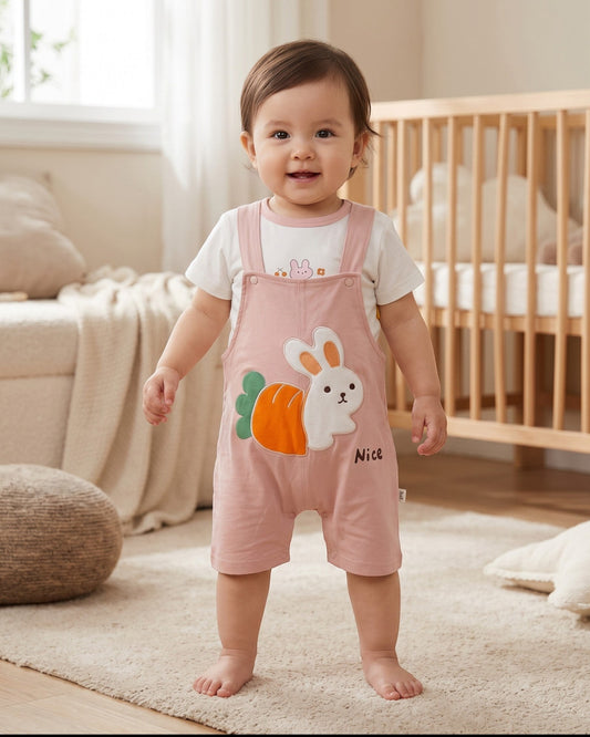 Little Roots baby girl blush pink bunny romper with carrot print and white t-shirt, summer outfit.