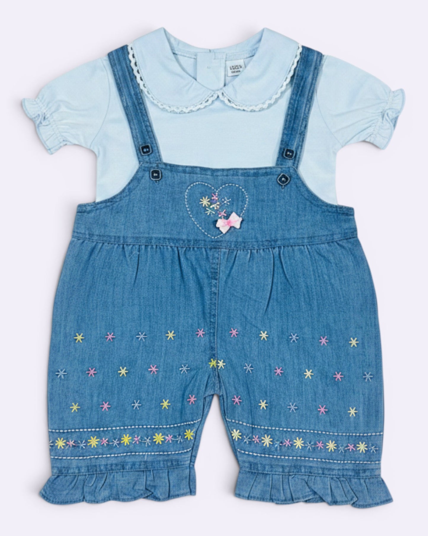 Little Roots baby girl light blue denim romper set with embroidered floral details and ruffle hems, paired with a puff sleeve collar top.