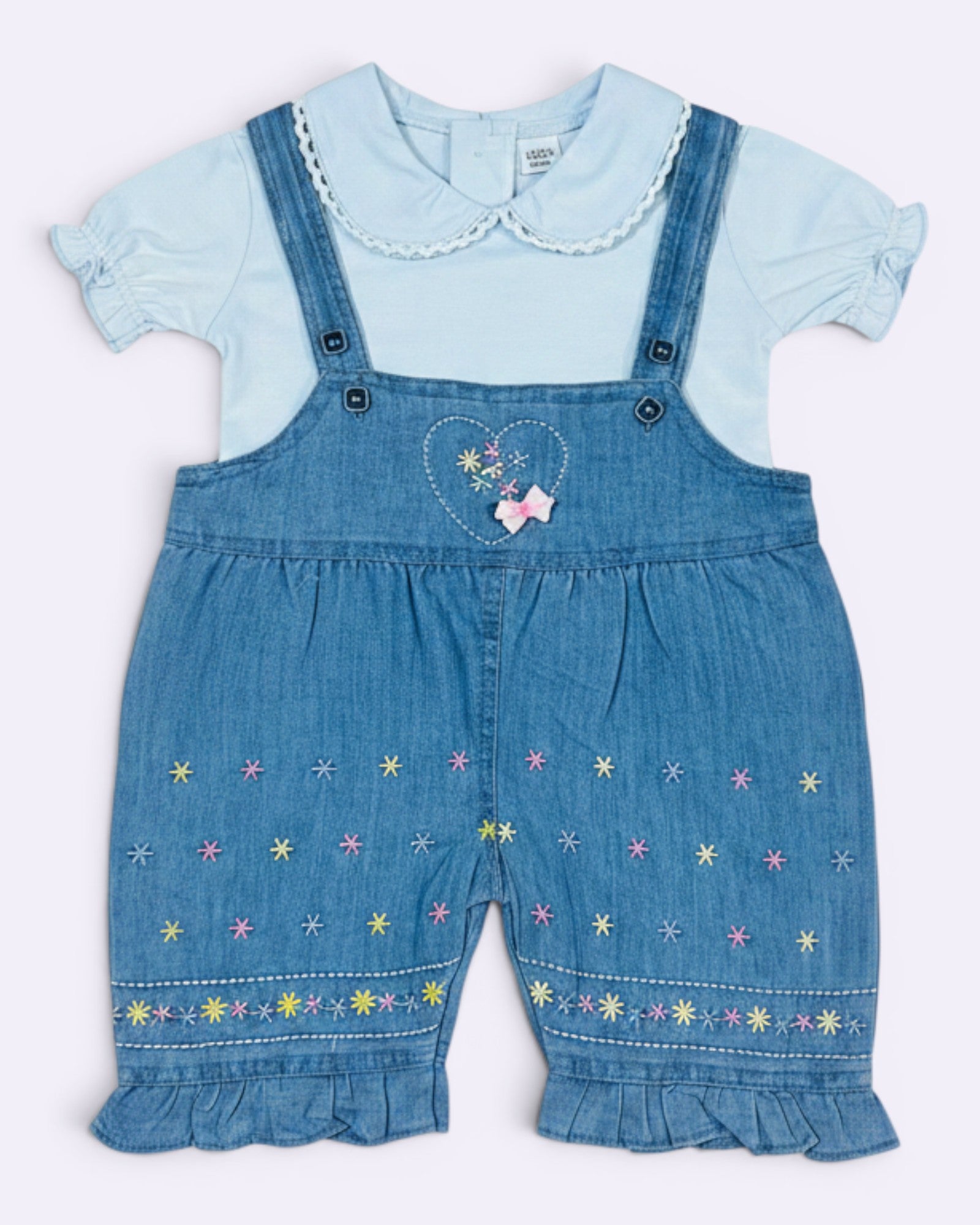 Little Roots baby girl light blue denim romper set with embroidered floral details and ruffle hems, paired with a puff sleeve collar top.